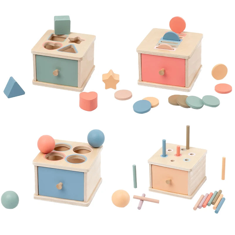 Boîte d’activités Montessori en bois – Formes, couleurs et motricité fine