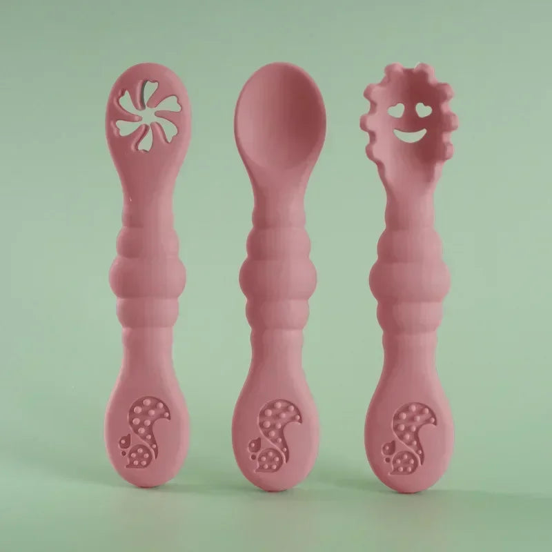 Lot de 3 ustensiles en silicone – Cuillère et fourchette souples pour bébé