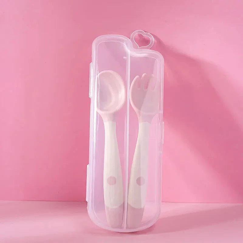 Set cuillère et fourchette bébé en silicone souple – Ustensiles d’apprentissage flexibles