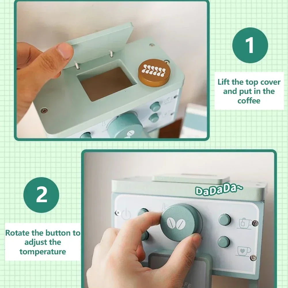 Imitation de machine à café en bois et préparation de biscuits.