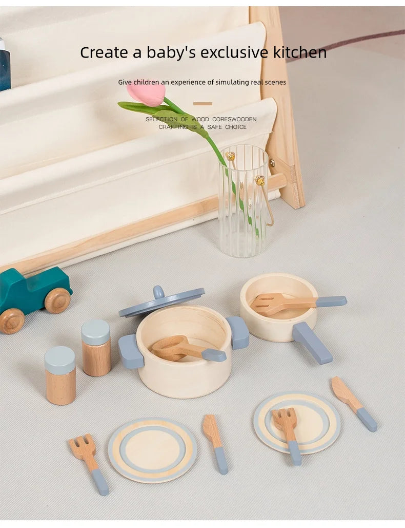 Cuisine en bois pour enfants – Jeu d’imitation éducatif avec casseroles, aliments et ustensiles