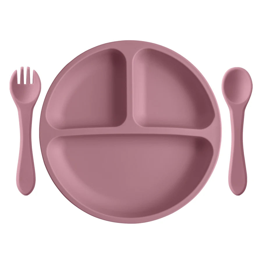 Set repas bébé 3 pièces en silicone – Assiette ventouse, cuillère et fourchette