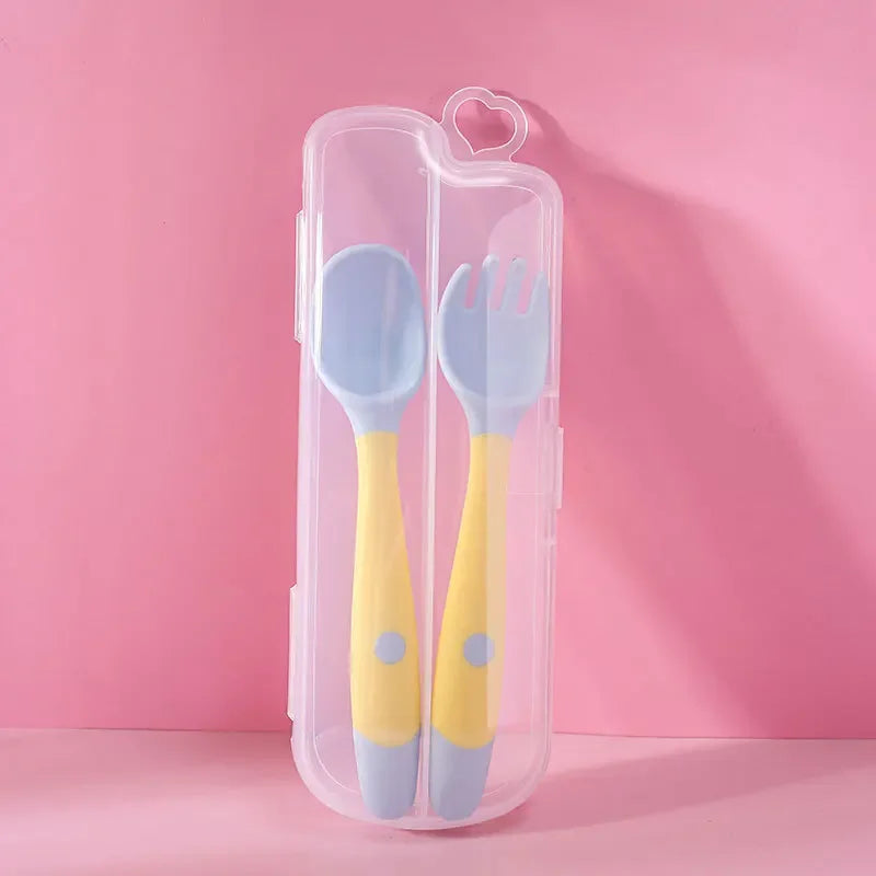 Set cuillère et fourchette bébé en silicone souple – Ustensiles d’apprentissage flexibles