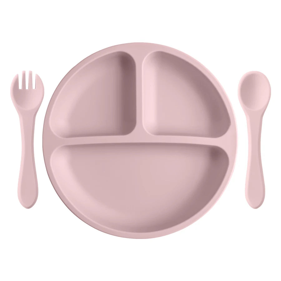Set repas bébé 3 pièces en silicone – Assiette ventouse, cuillère et fourchette