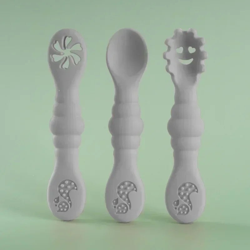 Lot de 3 ustensiles en silicone – Cuillère et fourchette souples pour bébé
