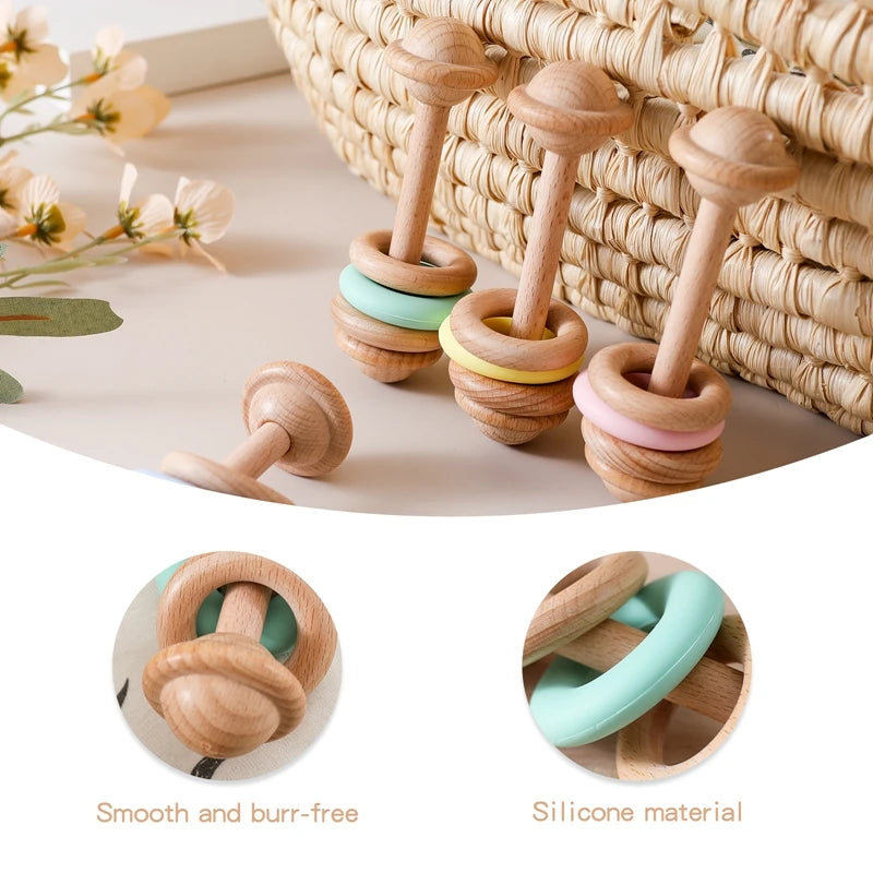 Hochet sensoriel en bois et silicone – jouet d’éveil 0–12 mois