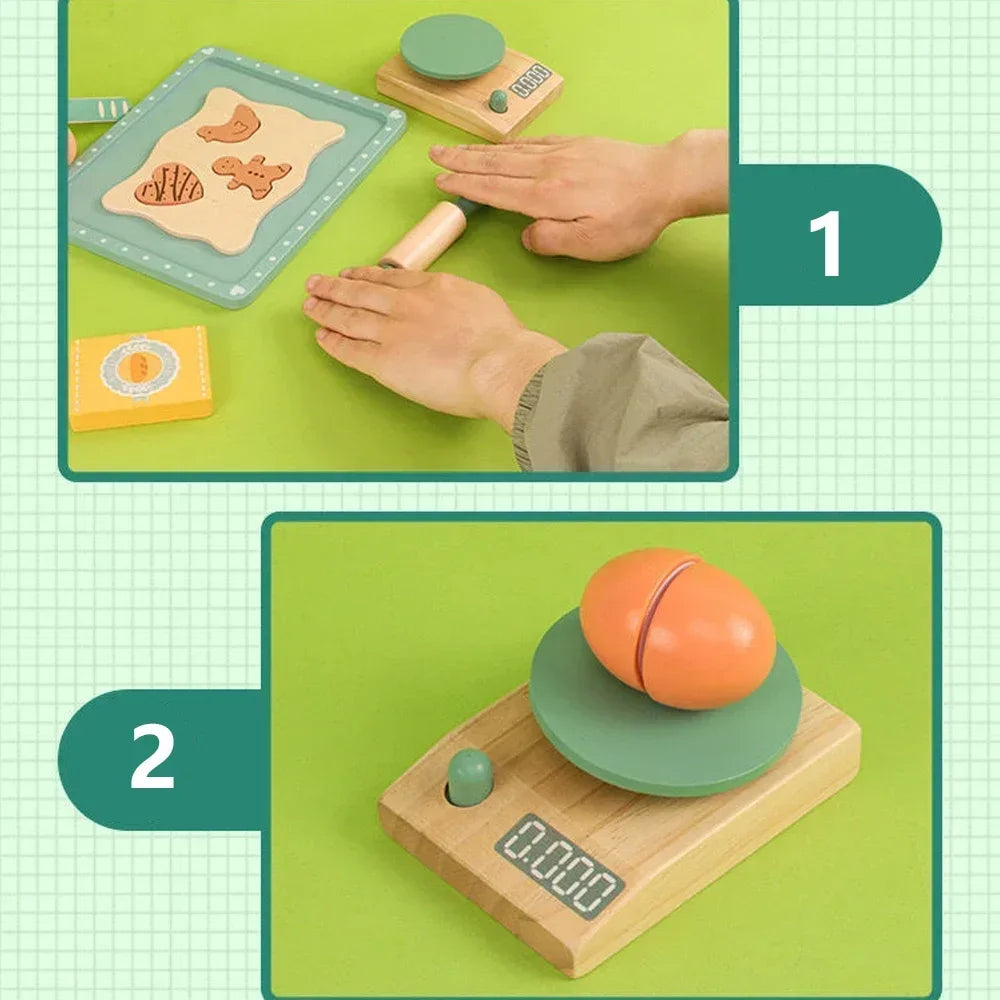 Imitation de machine à café en bois et préparation de biscuits.