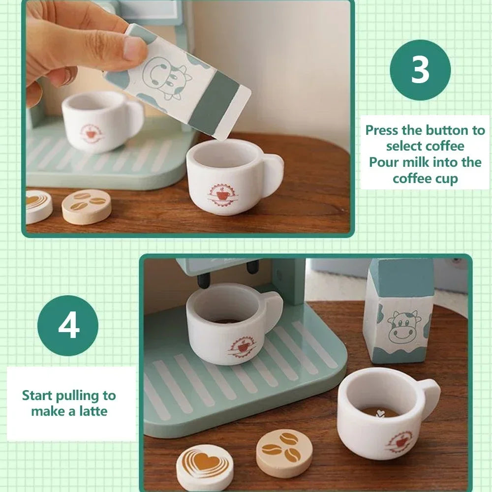 Imitation de machine à café en bois et préparation de biscuits.