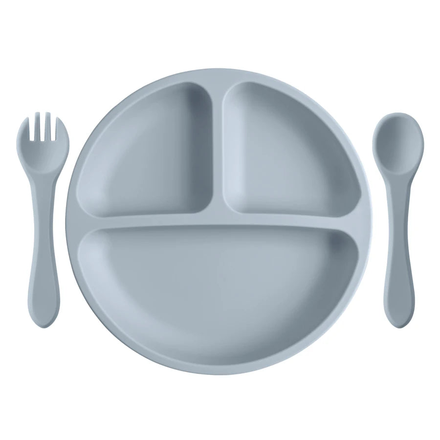 Set repas bébé 3 pièces en silicone – Assiette ventouse, cuillère et fourchette