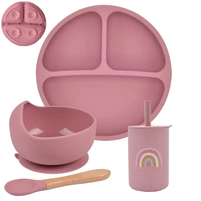 Set repas bébé 4 pièces en silicone – Assiette, bol, couverts bois, bavoir | Sans BPA, avec ventouse