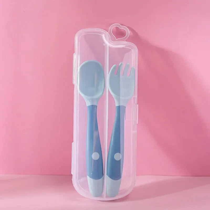 Set cuillère et fourchette bébé en silicone souple – Ustensiles d’apprentissage flexibles