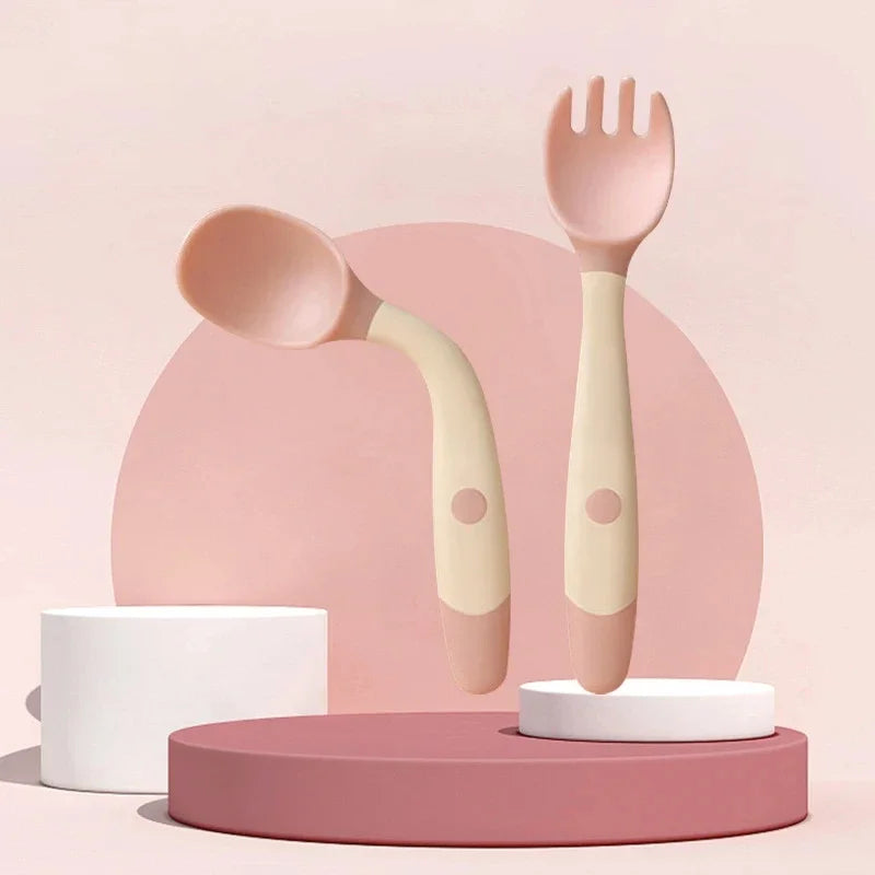 Set cuillère et fourchette bébé en silicone souple – Ustensiles d’apprentissage flexibles