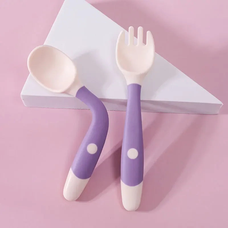 Set cuillère et fourchette bébé en silicone souple – Ustensiles d’apprentissage flexibles