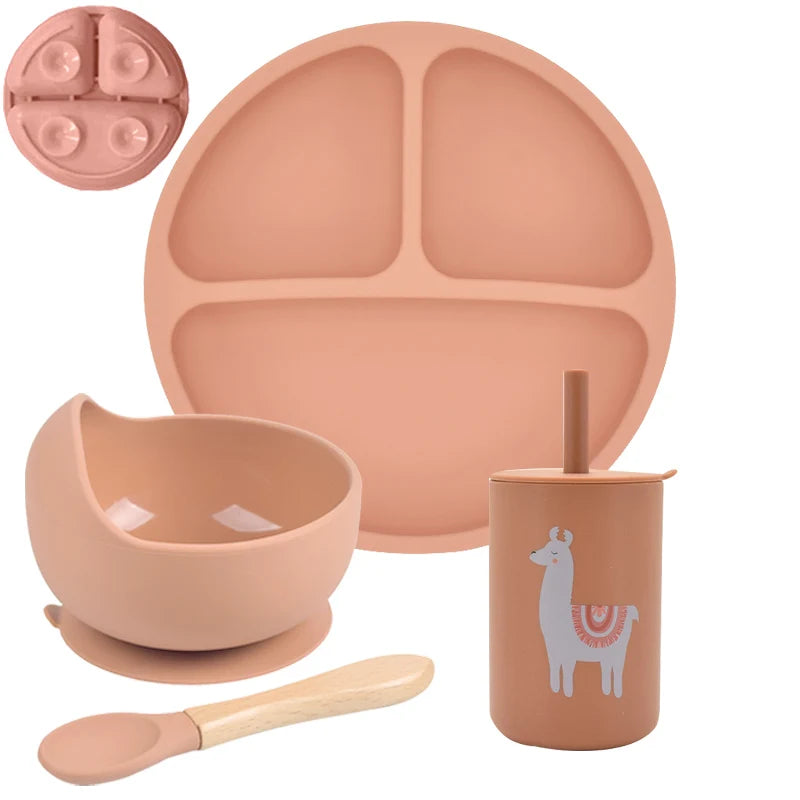 Set repas bébé 4 pièces en silicone – Assiette, bol, couverts bois, bavoir | Sans BPA, avec ventouse