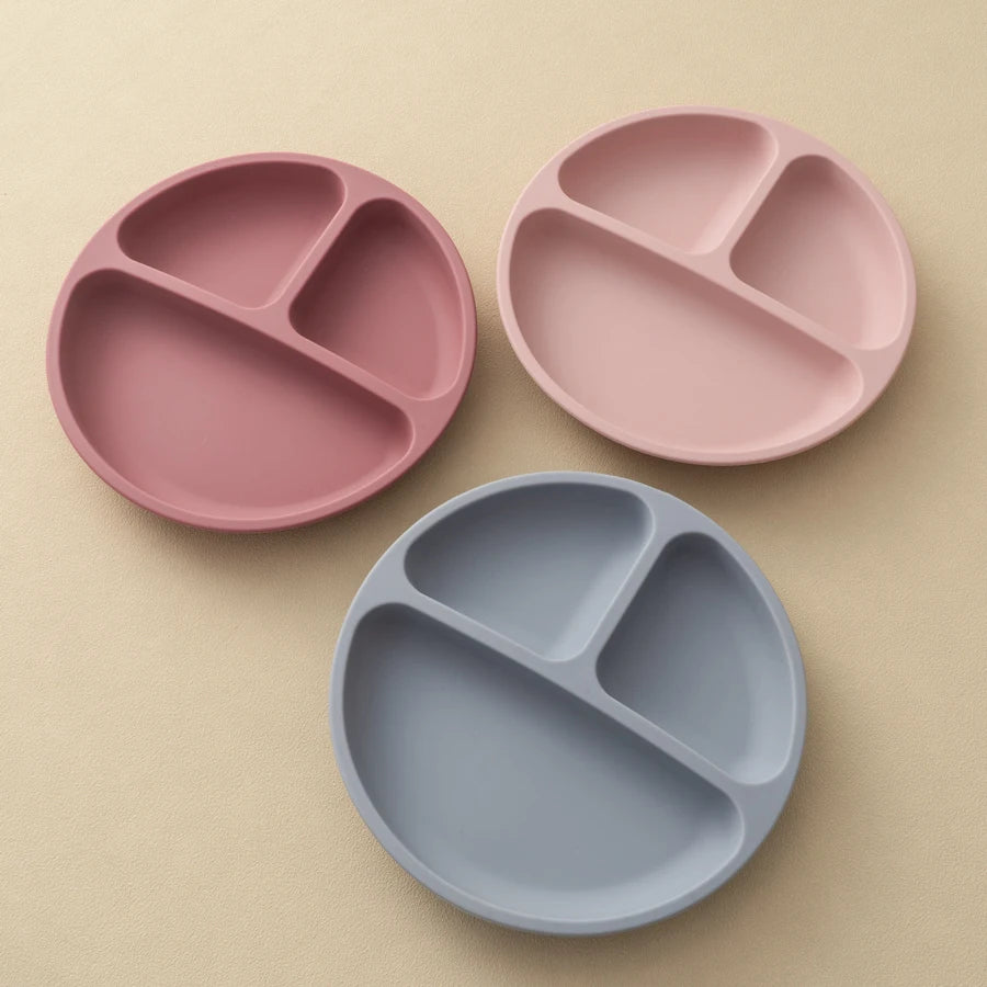 Assiette bébé en silicone avec ventouse – Couleur unie, sans BPA, pour repas d’apprentissage