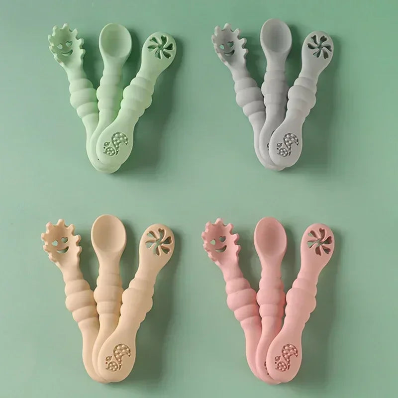 Lot de 3 ustensiles en silicone – Cuillère et fourchette souples pour bébé